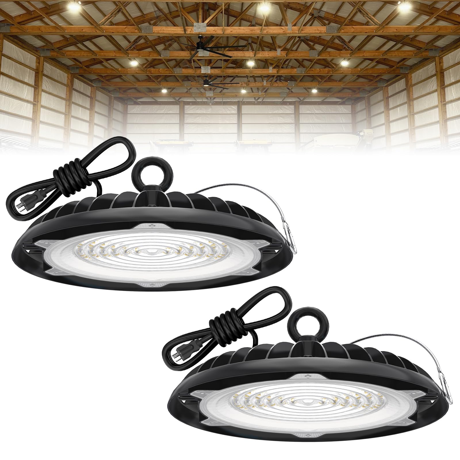 HYPERLITE LED High Bay Light 150W 2 Packs 21,000LM with US Plug UFO High Bay Light for Warehouse Workshop Factory Gym Garage Barn