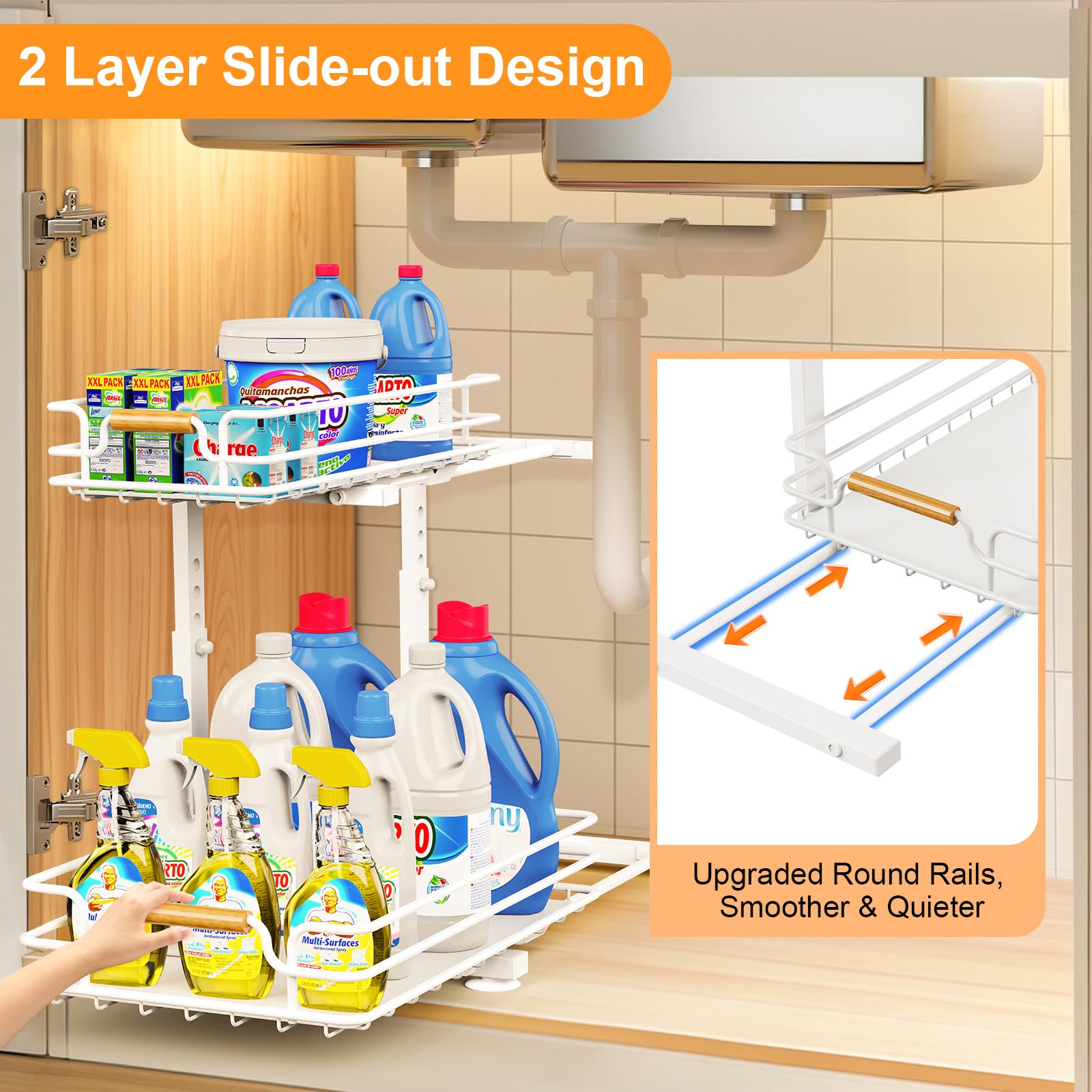 JYPS 2 Paquete Organizador Bajo Fregadero, 2 Niveles Metal Extraible Mueble Fregadero Armario Limpieza, Altura Regulable Estantería bajo Baño,Cocina(Blanco)
