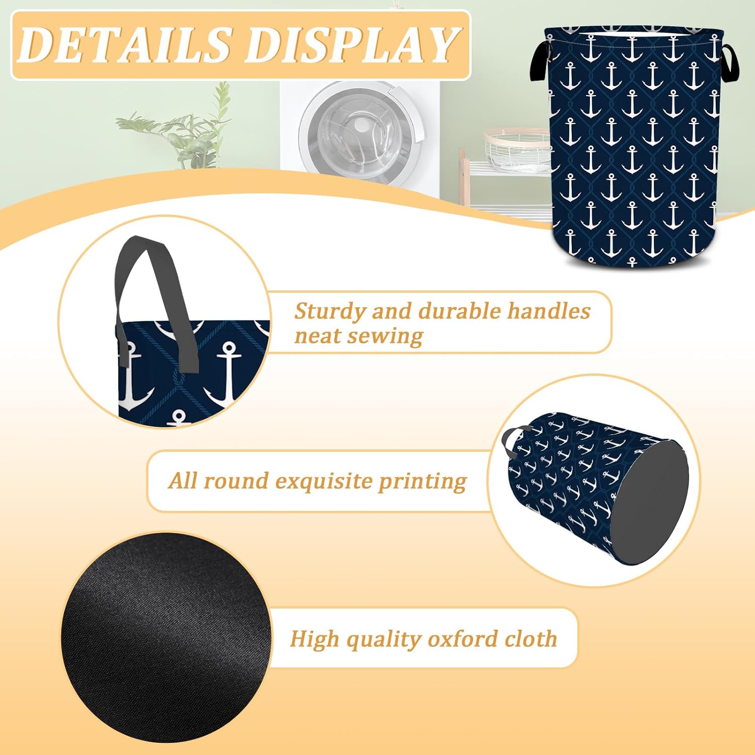 Navy Blue Anchor Laundry Basket, Nautical Laundry Hamper Foldable Waterproof Oxford Cloth Funny Tote Bag Dirty Clothes Storage Bucket Toy Organizer for Bathroom/Laundry/Bedroom 15.7"x19.6"
