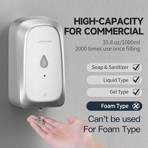 Miniatura 6 de JETWELL Dispensador automático de jabón de manos sin contacto para montaje en pared, funciona con pilas, cubierta de acero inoxidable cepillado,