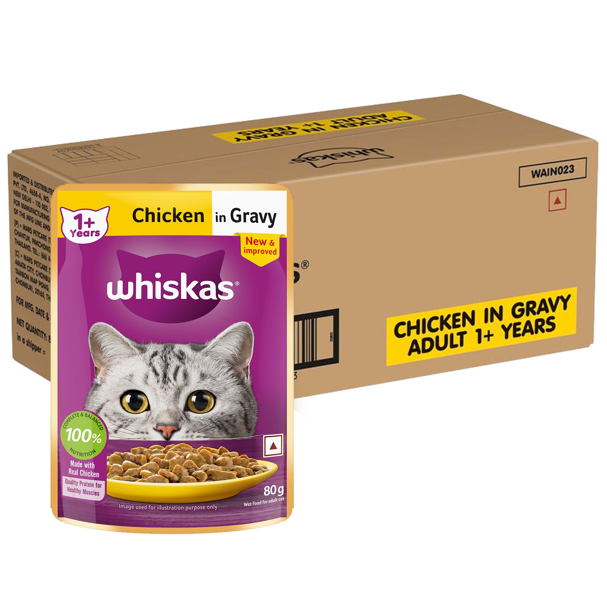 Whiskas Adult (1+ Years) Wet Cat Food, Chicken in Gravy, 80 g (Pack of 56), Hydrating Food Made With Real Chicken, 100% Complete & Balanced Nutrition for Adult Cats