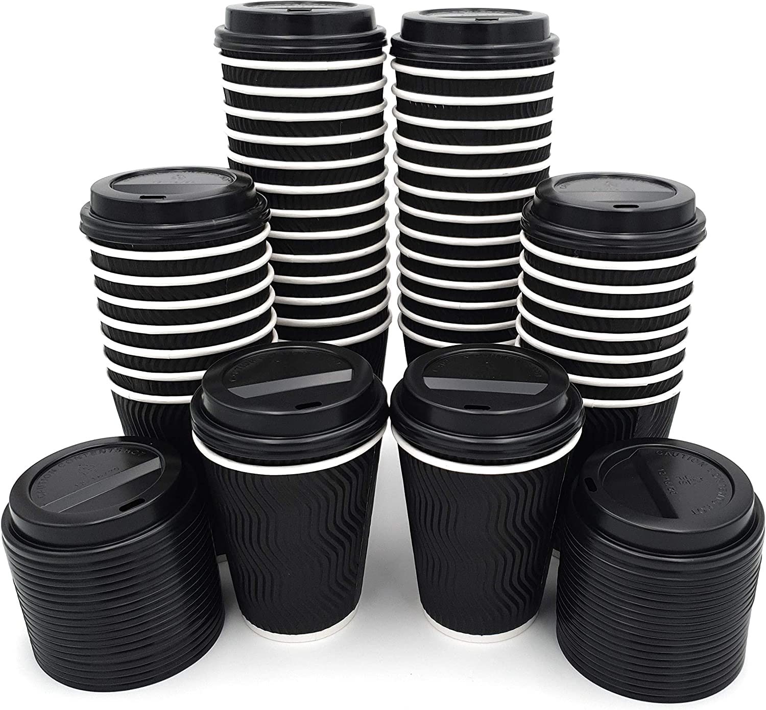 Sterling bargains 12 Oz Takeaway Coffee Cups with Lids | Disposable Insulated Triple Wall Ripple Kraft Paper Coffee Cups for Takeaway Coffee, Tea or hot Liquids (500)