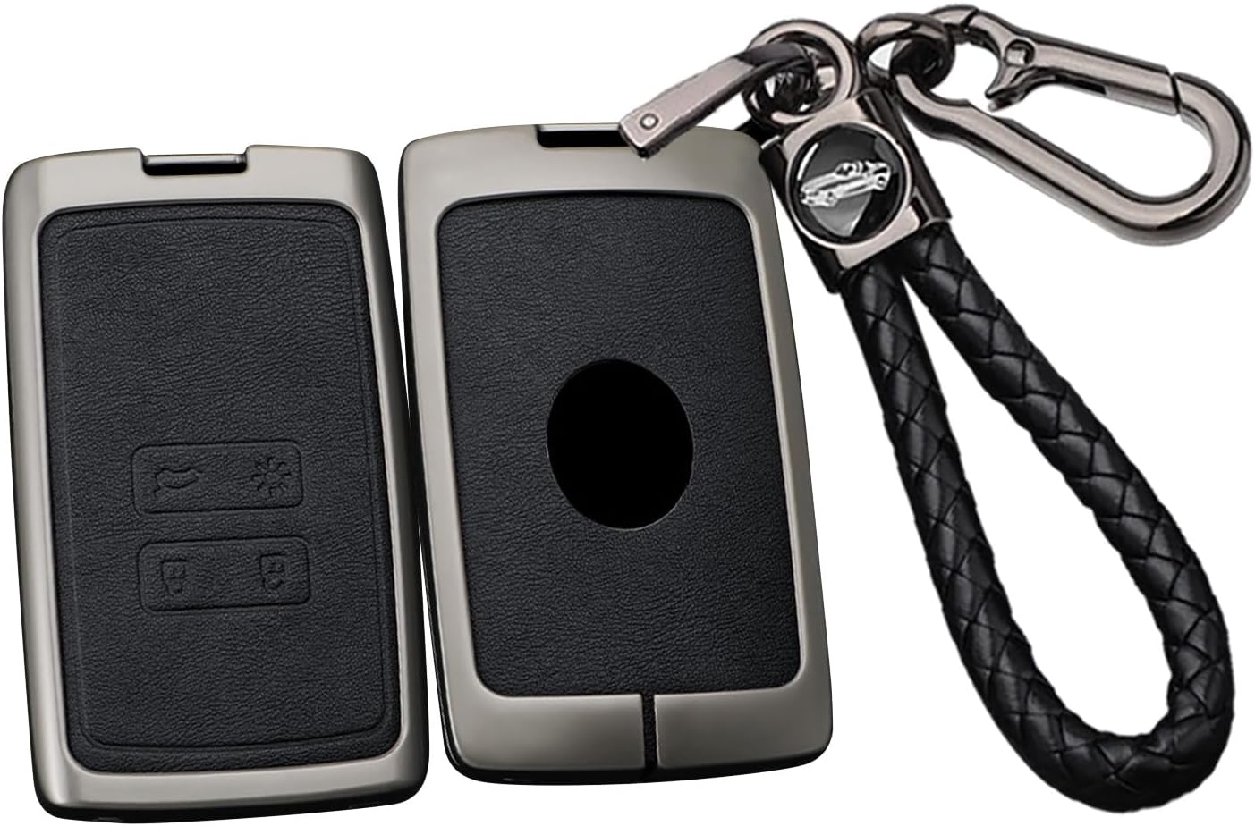 SANRILY PU Leather 4 Button Smart Key Fob Cover Case Fit for Renault Koleos Captur Megane Clio Scenic Talisman Arkana Keyless with Weave Keychain Black