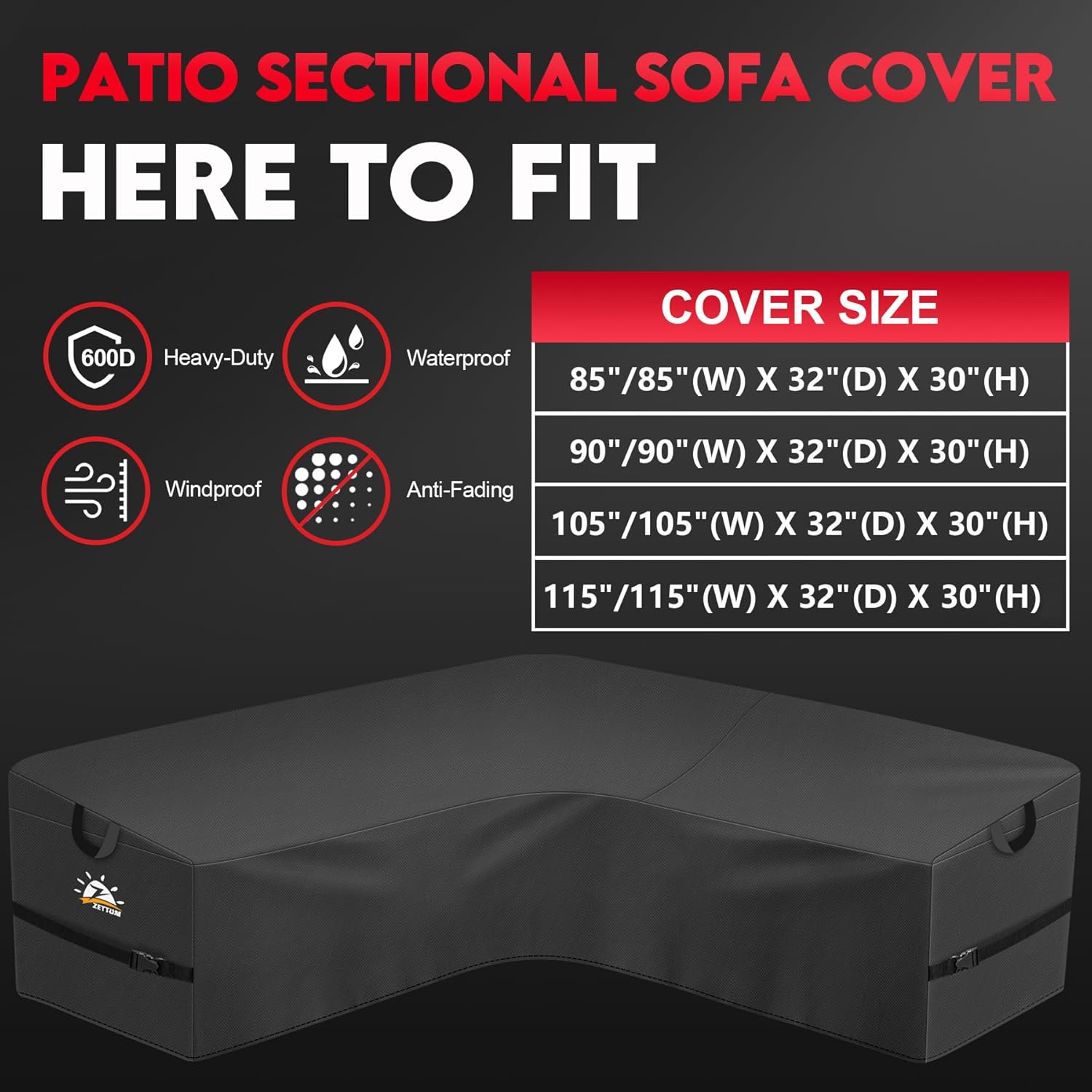 Zettum Outdoor V-Shaped Sectional Cover - 600D Heavy Duty Patio Sectional Sofa Cover, Waterproof Patio Furniture Covers for Outdoor Sectional Sofa and Couch, 85x85 Inch Wide
