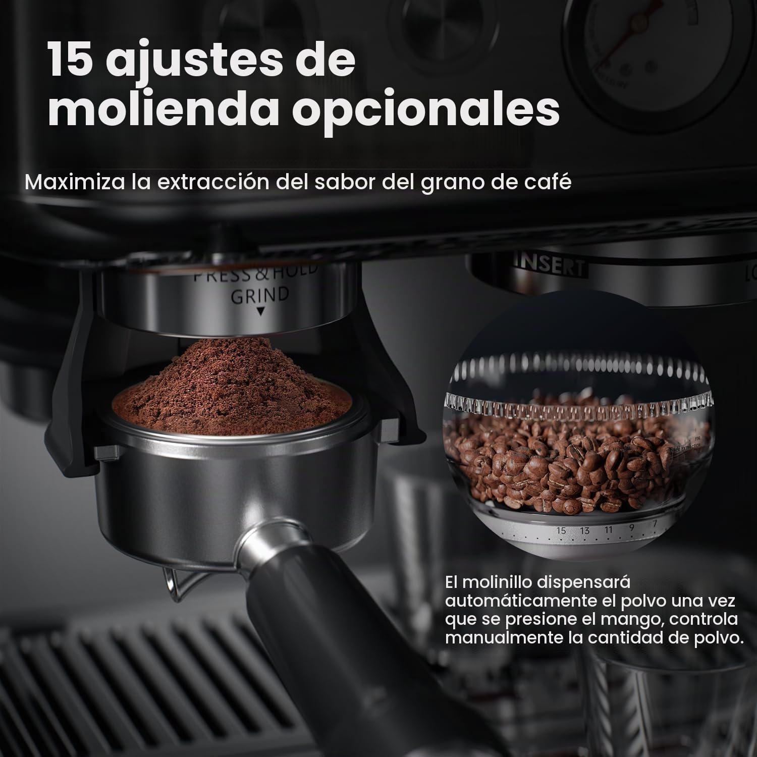 Cafetera Automatica con Molinillo Integrado, Espumador de Leche Manual, Cafetera de Bomba de Acero Inoxidable, Depósito de 2.5 Litros , Acero Inoxidable, Barista Profesional para Hogar y Oficina