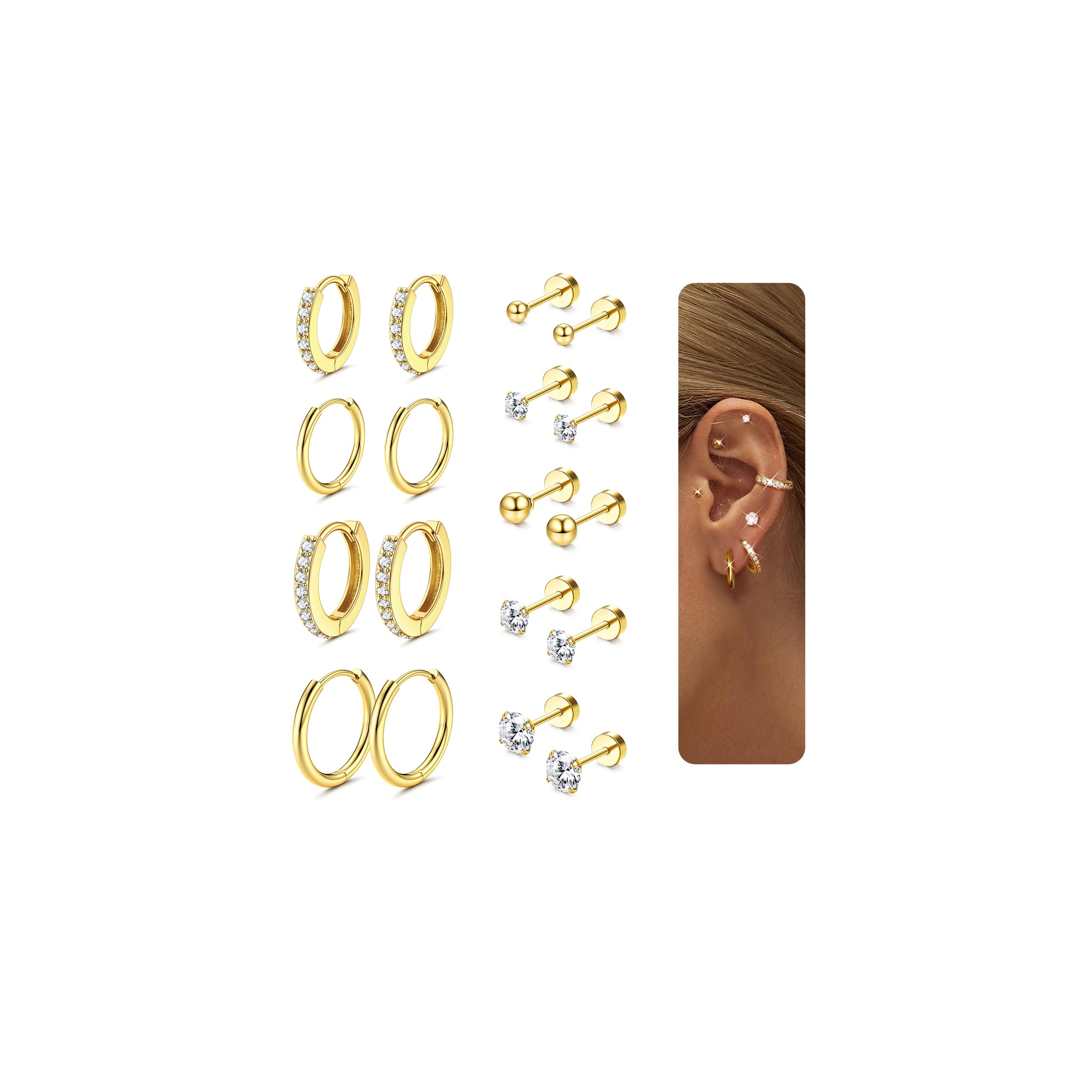 9 Pairs Flat Back Stud Earrings Sets for Multiple Piercing 316L Surgical Steel Sleeper Earrings Small Hoop 14K Gold Silver Plated Hypoallergenic Cartilage Helix Earring