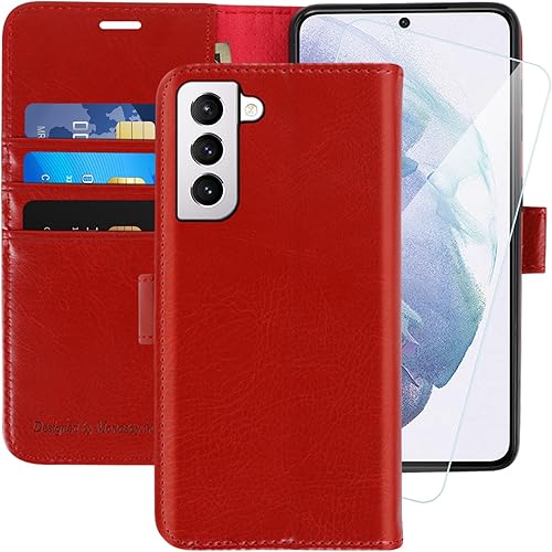 MONASAY Funda tipo cartera compatible con Galaxy S21 5G, 6.2 pulgadas, protector de pantalla incluido, bloqueo RFID, funda de piel con tarjetero y