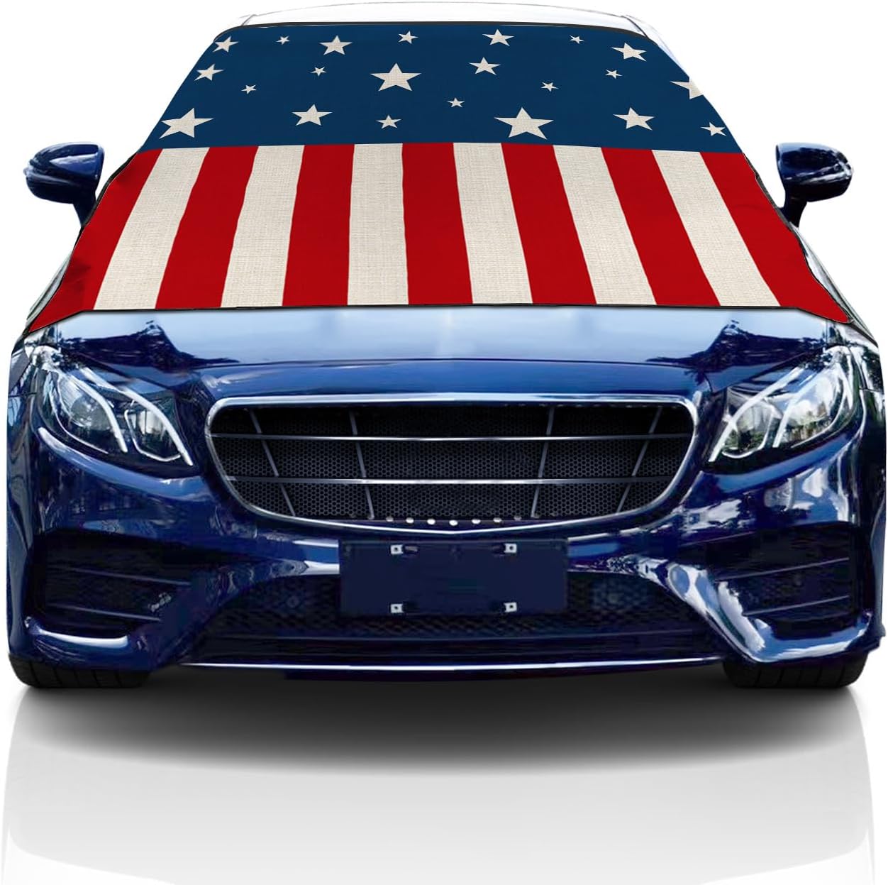 Car Windshield Snow Cover - American Flag Stars Stripes Wood Grain Winter Ice Frost Guard Sunshade Protector ,Fits Most Cars Trucks Vans SUV Automotive Front/Back Windshield Protector 86.6"x55"