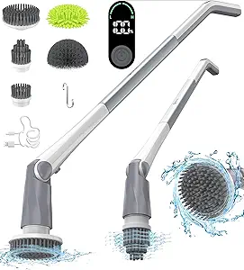 Electric Spin Scrubber, Shower Scrubber with LED Display & 5 Replacement Scrubber Head, 2H Bathroom Scrubber Dual Speed, Electric Scrubber for Cleaning Bathtub Grout Tile Floor
