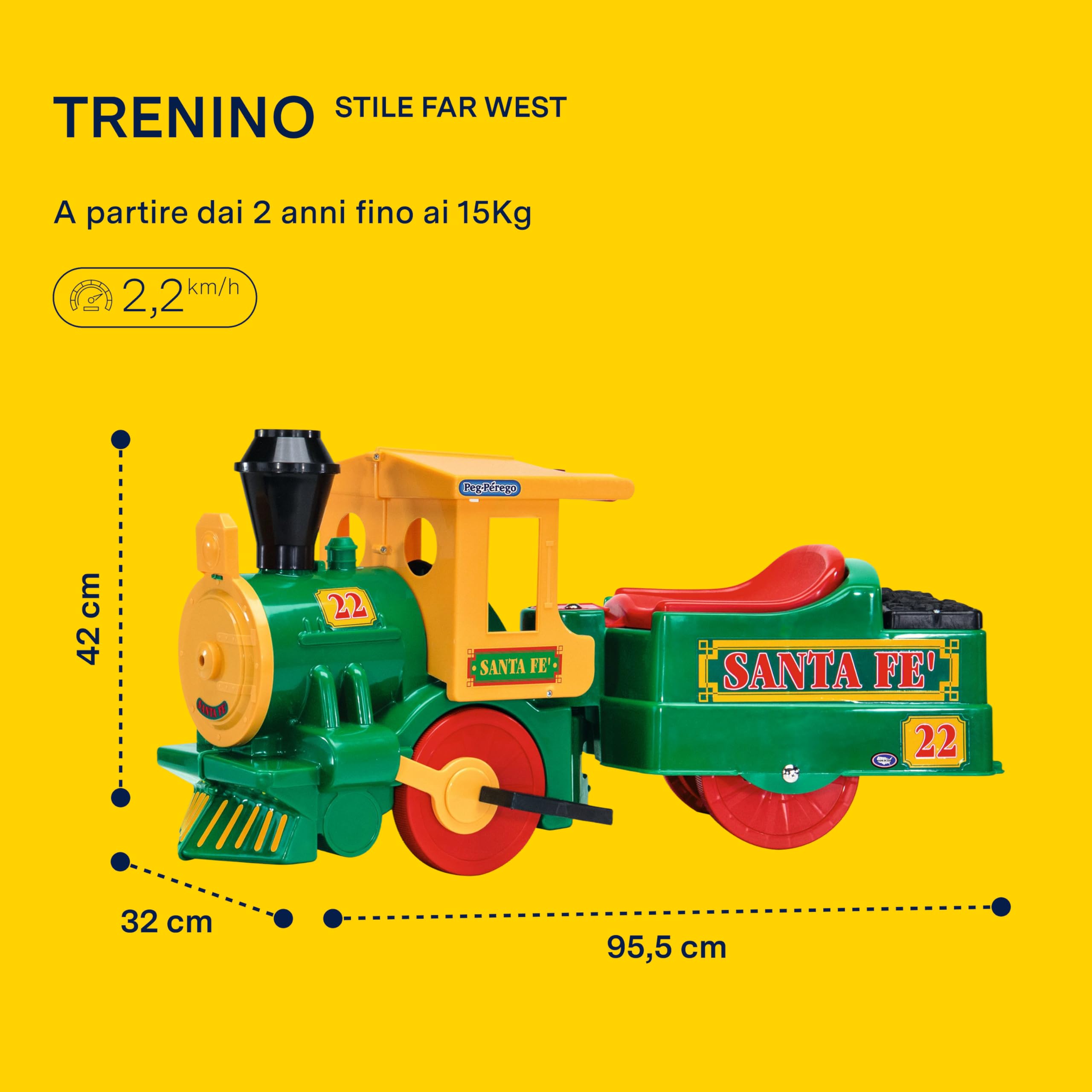 PEG Santa Fé Train Trenino Elettrico Cavalcabile per Bambini dai 2 Anni con Dettagli Far West, 12 Binari Curvi, Batteria Ricaricabile 6V