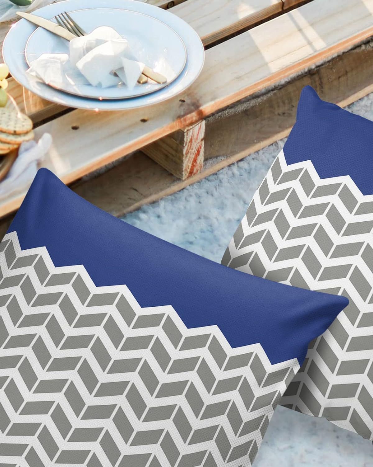 Geometric Outdoor Pillow Shams Set of 2, Decorative Pillowcases Cushion Case, Soft Throw Pillow Covers Waterproof Pillow Case 24x24 Inch, Grey White Herringbone Blue Abstract