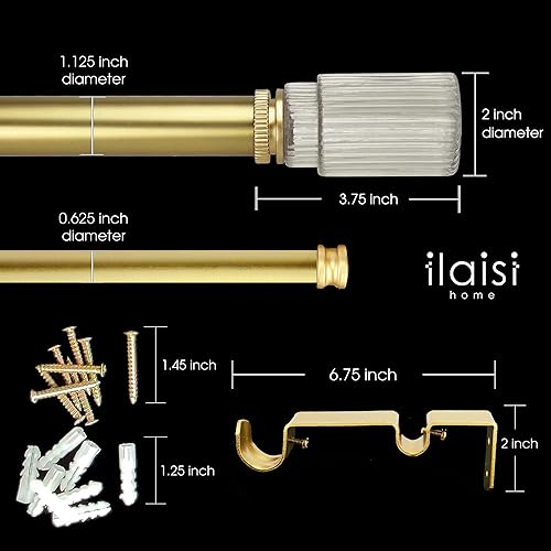 Miniatura 4 de ILAISIHOME Barras de cortina doradas de 1-18 pulgadas de diámetro con remate de vidrio acanalado, barras de cortina dobles telescópicas de 72-144