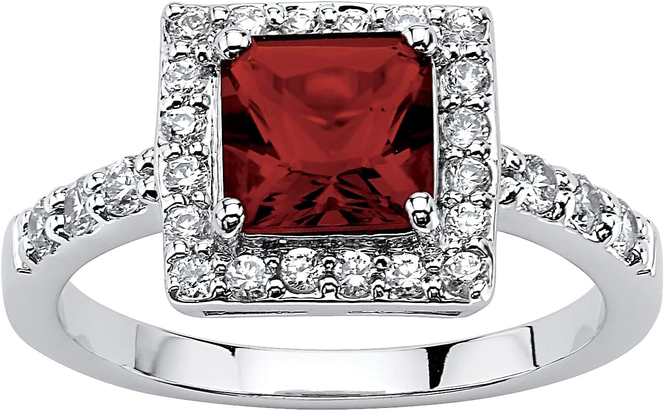 PalmBeach Sterling Silver Princess Cut Simulated Birthstone and Round Crystals Halo Ring Sizes 5-10