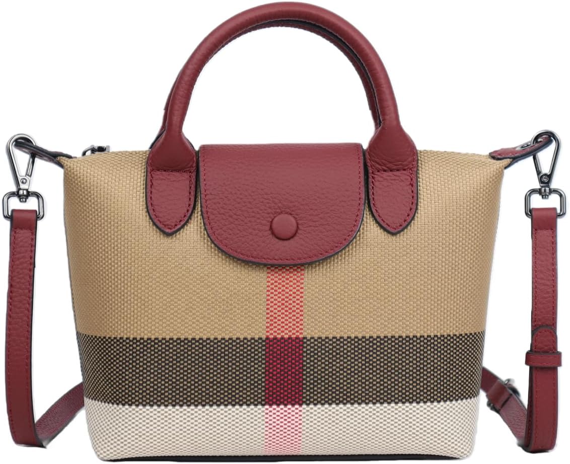 Mini Vintage Plaid purse handbags for women Small adjustable structured satchel purses Stiff canvas Genuine Leather