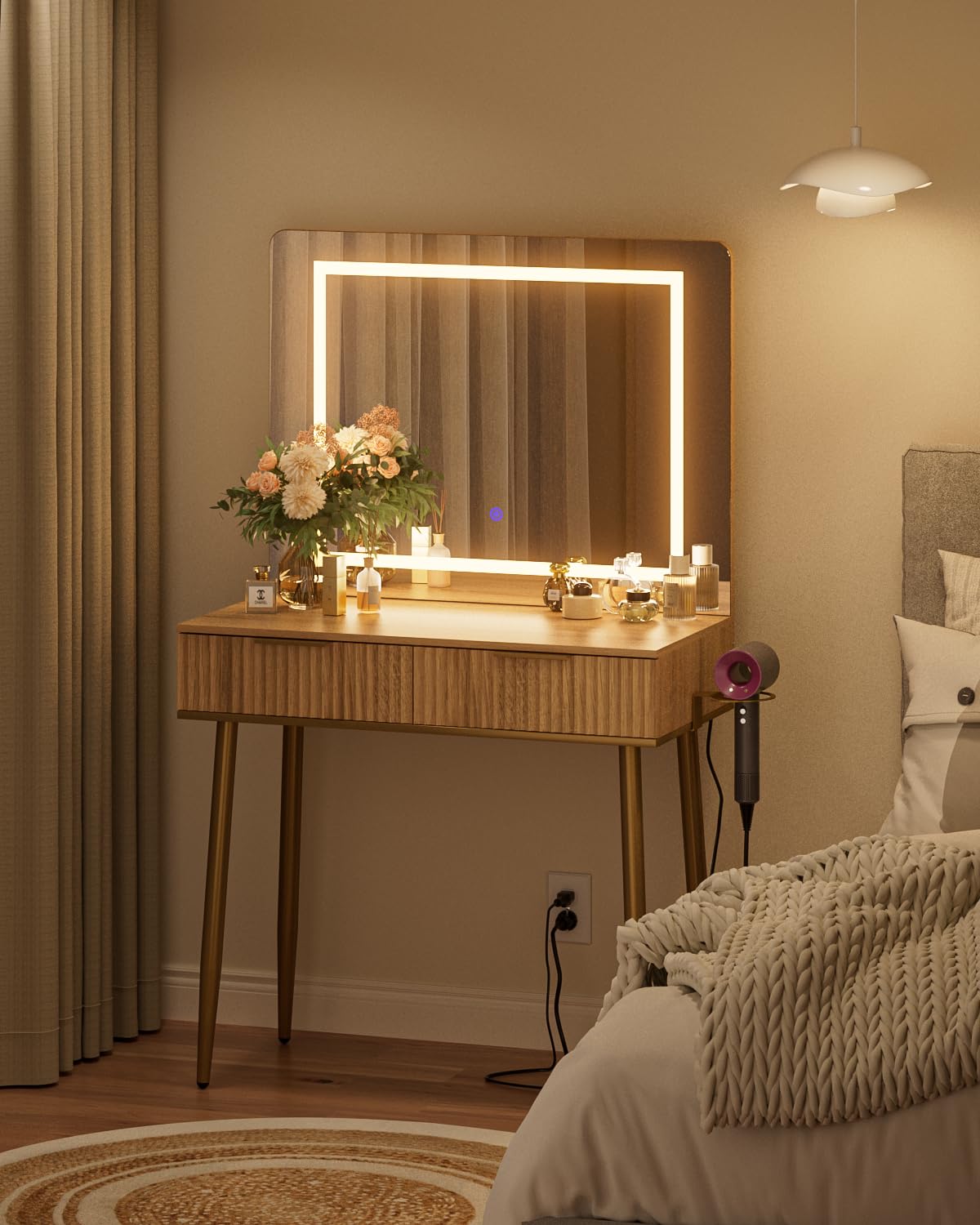 Apetaccat Dressing Table with Mirror, Dressing Tables, Dressing Table with Lighting Color Adjustable, Modern Cosmetic Table with 2 Drawers, Oak