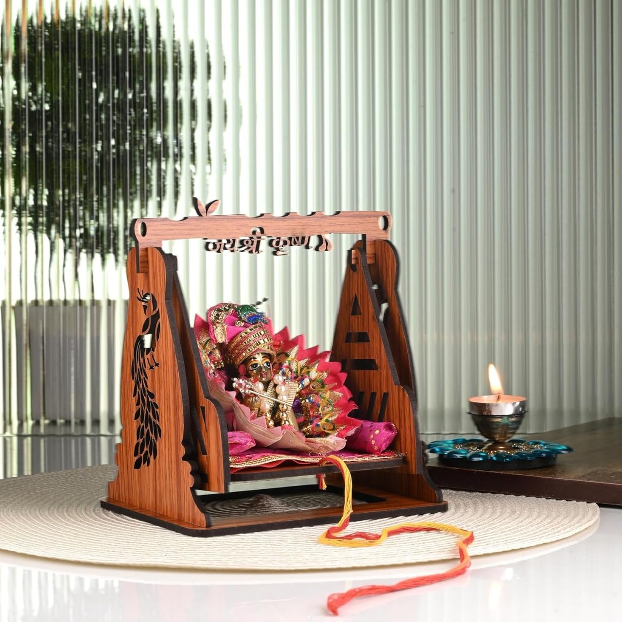 Wooden Laddu Gopal Swing - Peacock Design Pooja Swing -5