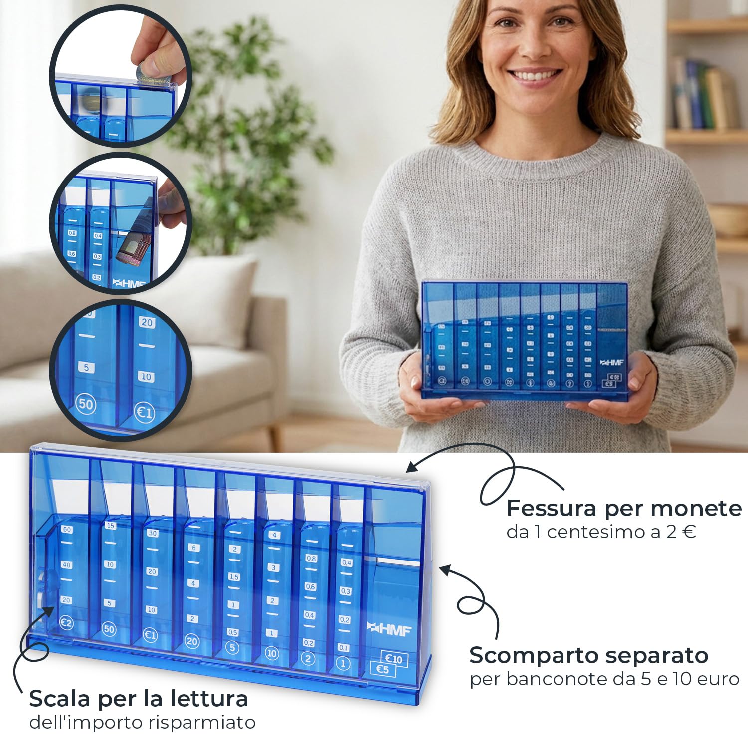 HMF Contamonete con smistamento automatico per conservare gli spiccioli, selezionatore di monete trasparente con scala valori come salvadanaio per bambini | 24 x 12 x 5 cm | Blu