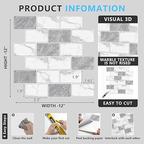 Miniatura 5 de URCOLOR Azulejo de 10 hojas para despegar y pegar en muro de cocina, salpicaduras traseras de 12 x 12 pulgadas para baño, aspecto de mármol gris y