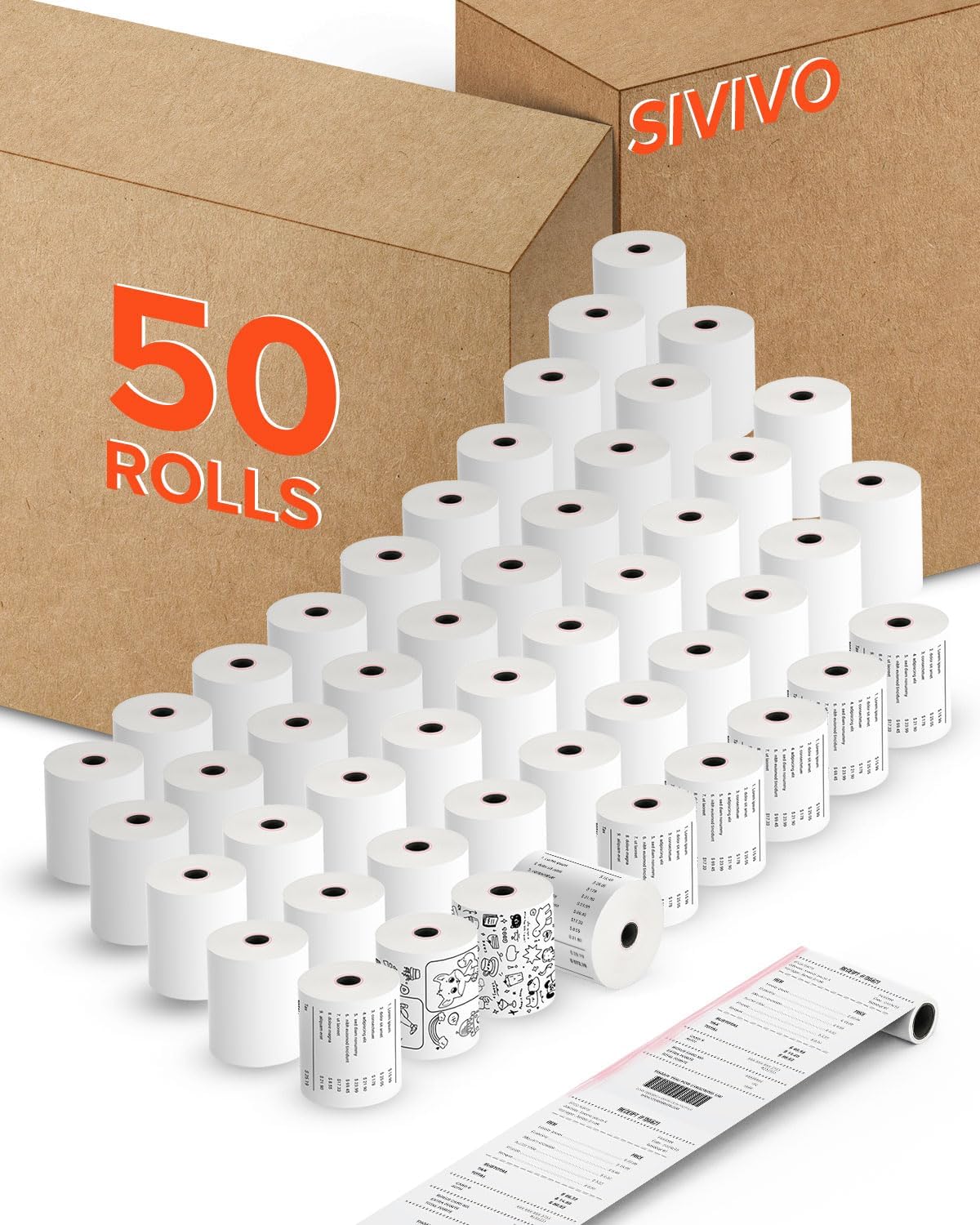 3 1/8'' x 230' Thermal Receipt Paper Rolls (50 Rolls), No-Fade Thicker Thermal Printer Paper for Years, Receipt Paper with Red Warning Line, for 80mm Cash Registers & Credit Card Machines, Clear Print