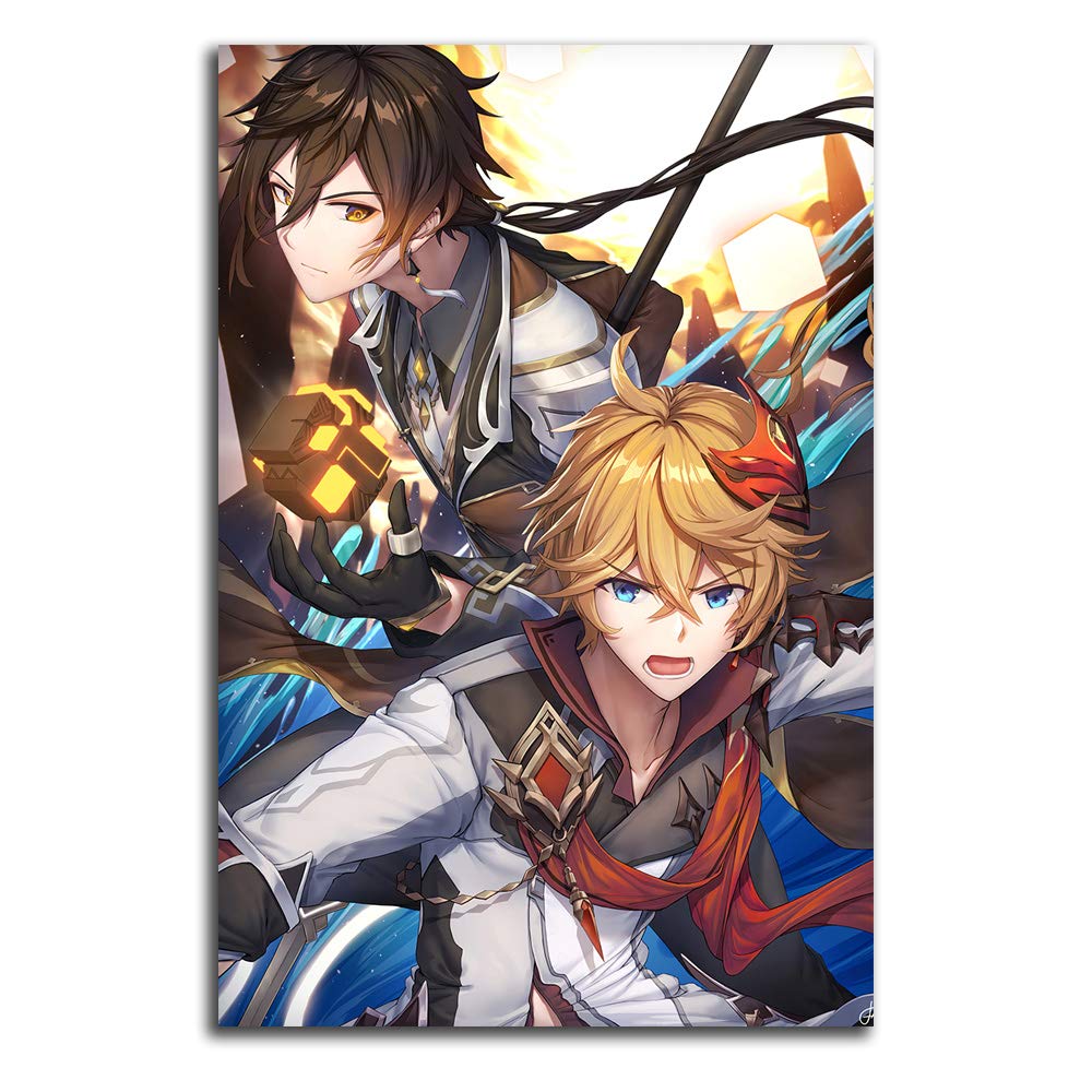 Trelemek Genshin Impact Office Wall Decor Artwork Art 12" x 18" Video Game Zhongli Tartaglia Art Print Poster for Boy & Girls Room Decor, Unframed/Frameable