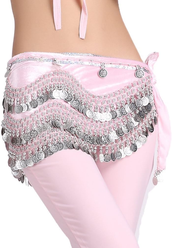 Women's Belly Dance Wave Shape Hip Scarf With Silver Coins