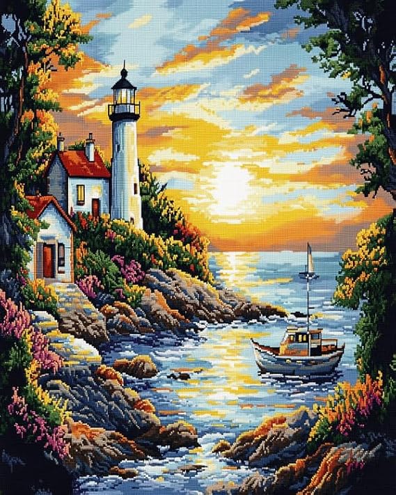 Seaside Scenery cross stitch kits,Lighthouse At Sunset