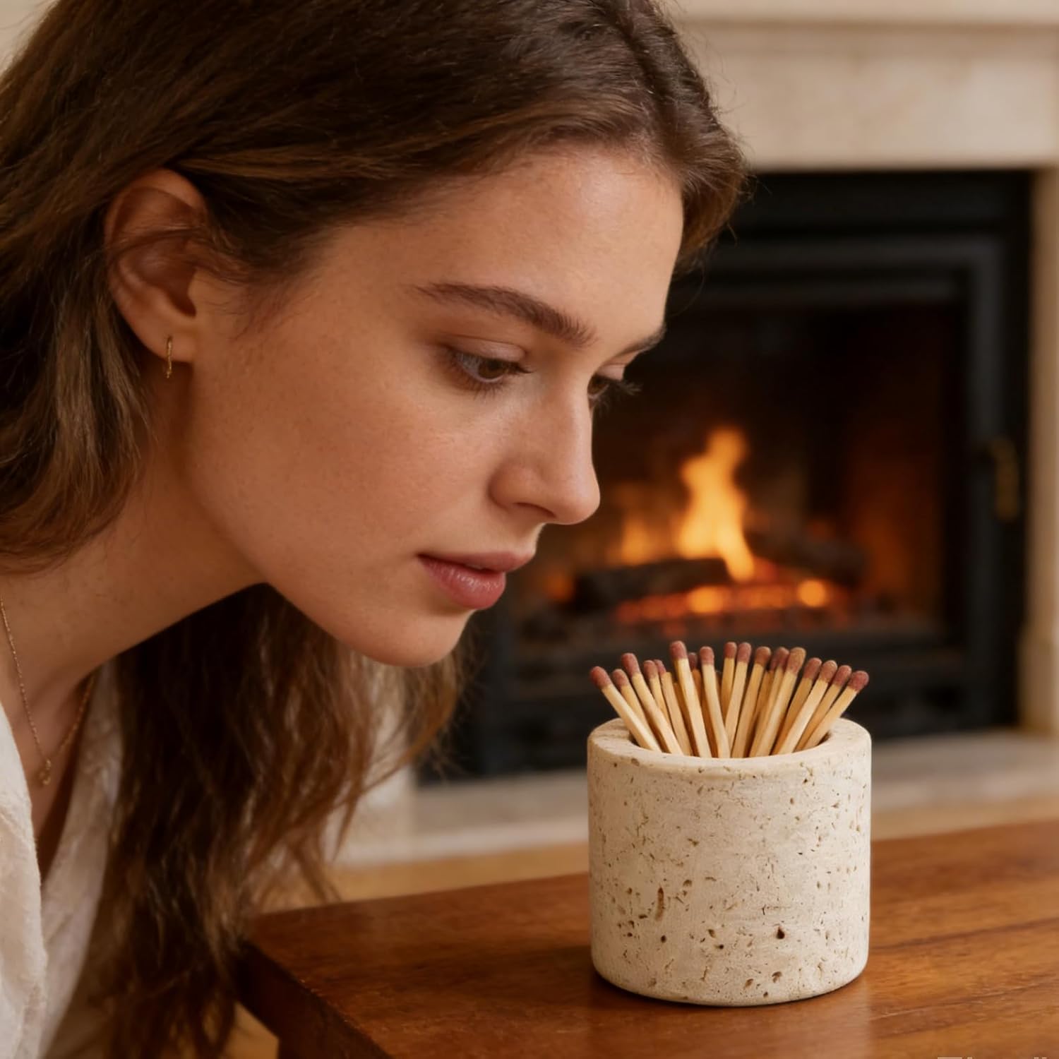 2pcs Match Holders with 6 Strikers 2.56x1.97in Travertine Stone Decorative Fireplace Match Dispenser Matchstick Organizer Cute Candle Jar for Camping Home Parlor Bathroom Kitchen, Matches Not Included