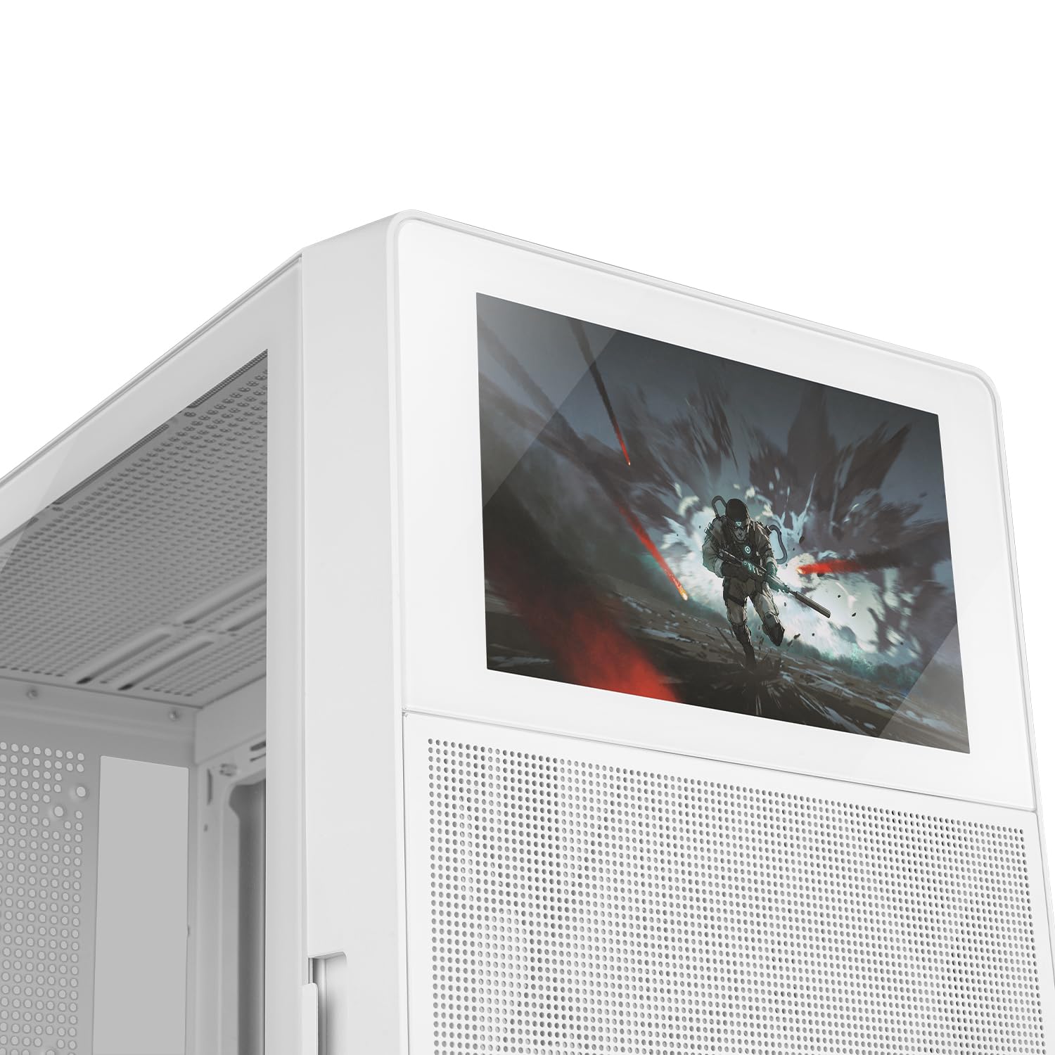 NOX XTREME PRODUCTS HUMMER BIOS - Semitower ATX|M-ATX| ITX, Display LCD da 8” personalizzabile, Pannello frontale rete metallica, laterale vetro temperato, Spazio per 11 ventole, USB-C e 3.0, Bianco