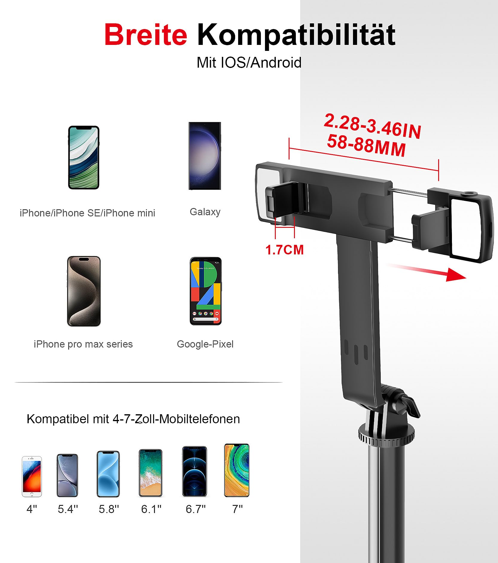 Selfie Stick Handy Stativ für Smartphone - ASHINER 180cm Hoher Handyhalter mit Fernbedienung und LED Fülllichtern für Reisen, Vlogging, Live-Streaming, Handyhalterung Kompatibel mit iPhone und Android