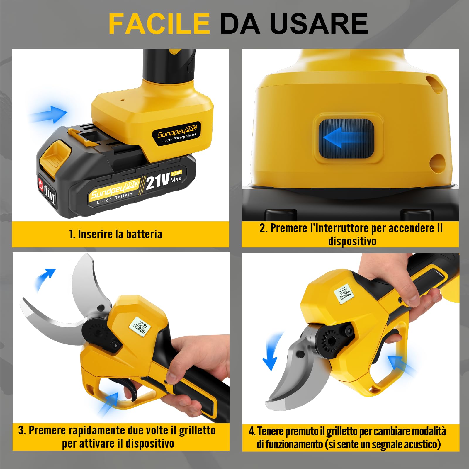 21V Forbici Potatura Elettriche, Max 50mm Forbice Potatura Senza Fili con 2 x 2,0Ah Batteria, Display LCD, Custodia, Cesoie Elettriche Brushless per Frutteto Rami Albero Arbusti Giardino