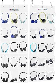 4-pack classroom headphone storage box, classroom organization, white | 60 Bags Clear PVC Door Charts with 124 Labels for Headphones and Cell Phones, Headphone Storage Classroom, Organization