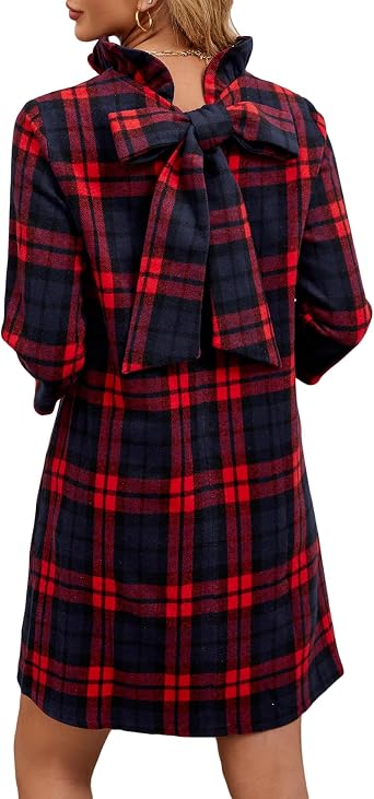 YEXPINE Womens Fall Plaid Dress Bow Tie Long Sleeve Dresses Casual Elegant Formal Shift Mini Dress with Pockets