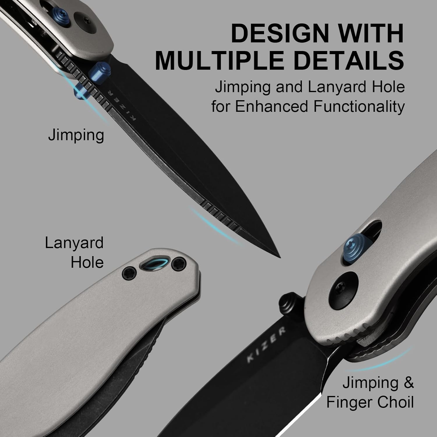 Kizer Phoca CD Pocket Knife, 2.95" Drop Point 14C28N Blade Folding Knives with Light Gray Aluminum Handle, Thumb Stud EDC Knife for Men Women V3781CDA2