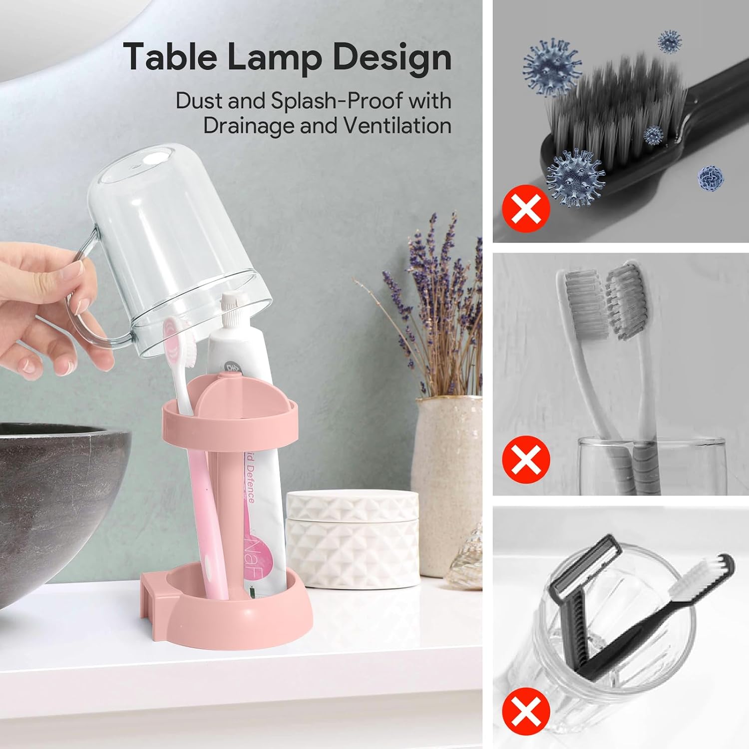 Toothbrush Holder with Cup Cover, 3 Slots Toothpaste Organizer Compatible with Electric Toothbrushes and Conventional Toothbrushes for Bathroom Pink