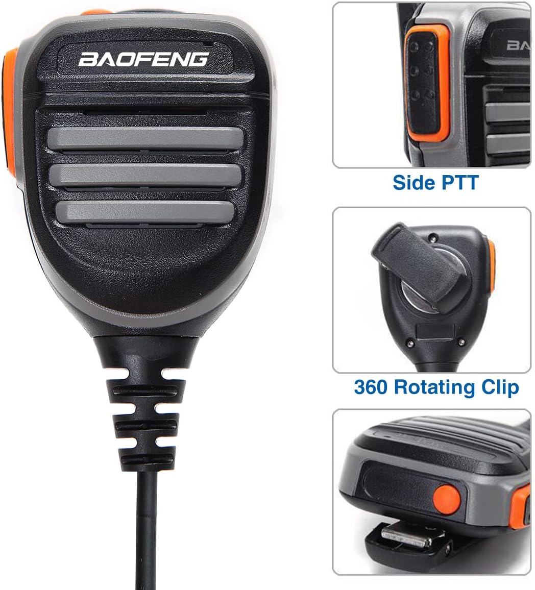 BAOFENG BF-780 Speaker Microphone showing side PTT button and 360-degree rotating clip