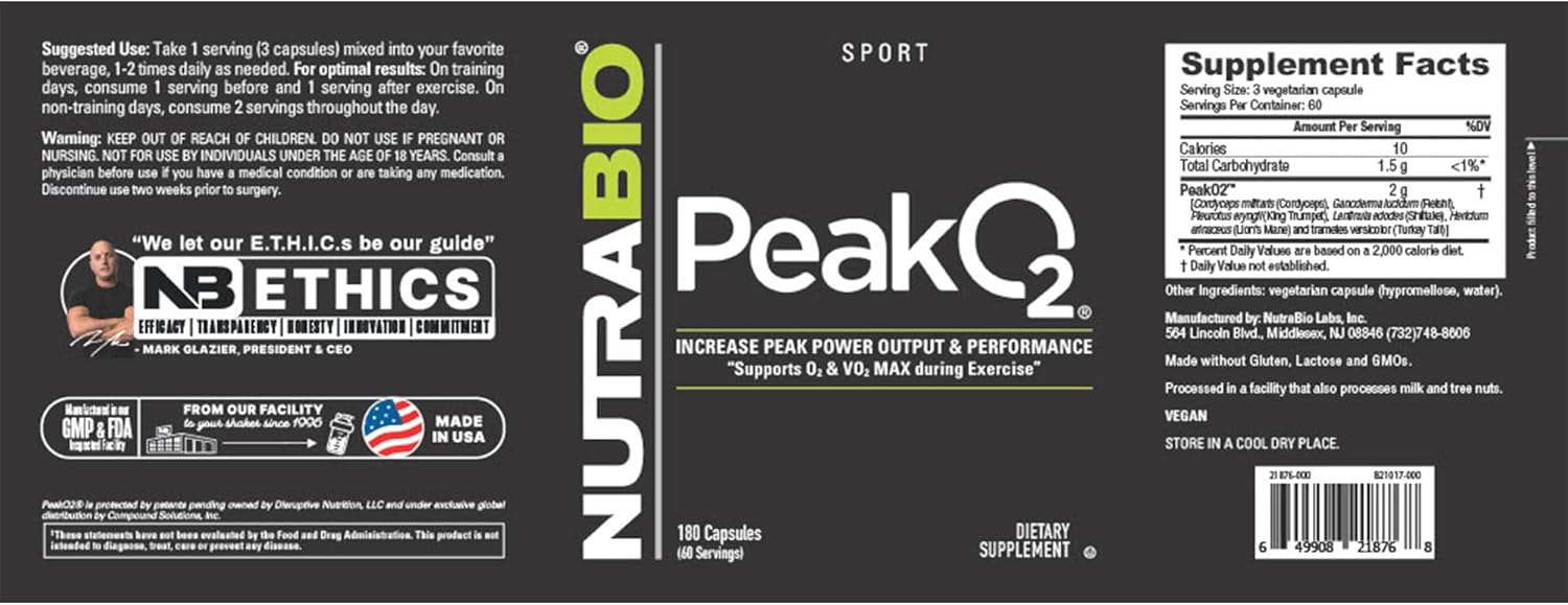 NutraBio PeakO2 Workout Supplement, 180 Capsules - Mushroom Blend Supplement to Help Enhance Athletic Performance and Overall Health, 60 Servings - Image 3