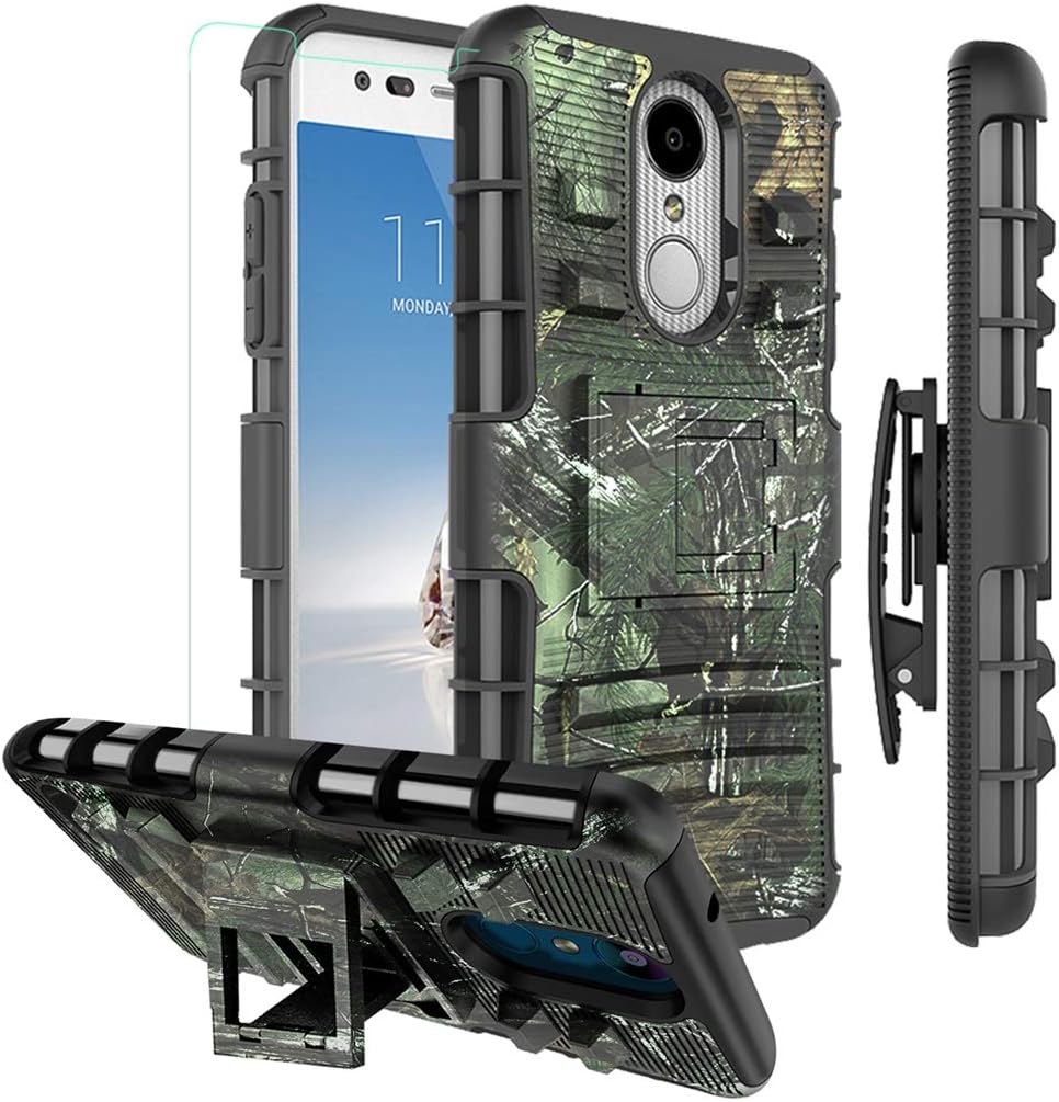 LG Aristo 3 Case,LG Aristo 2 Case/LG Aristo 2 Plus/Rebel 4 LTE/Tribute Empire/Zone 4/Phoenix 4/Risio 3/K8 2018/ K8 Plus/Fortune 2 Case, Armor Rugged Case Belt Clip Holster/Glass Screen Protector,Camo