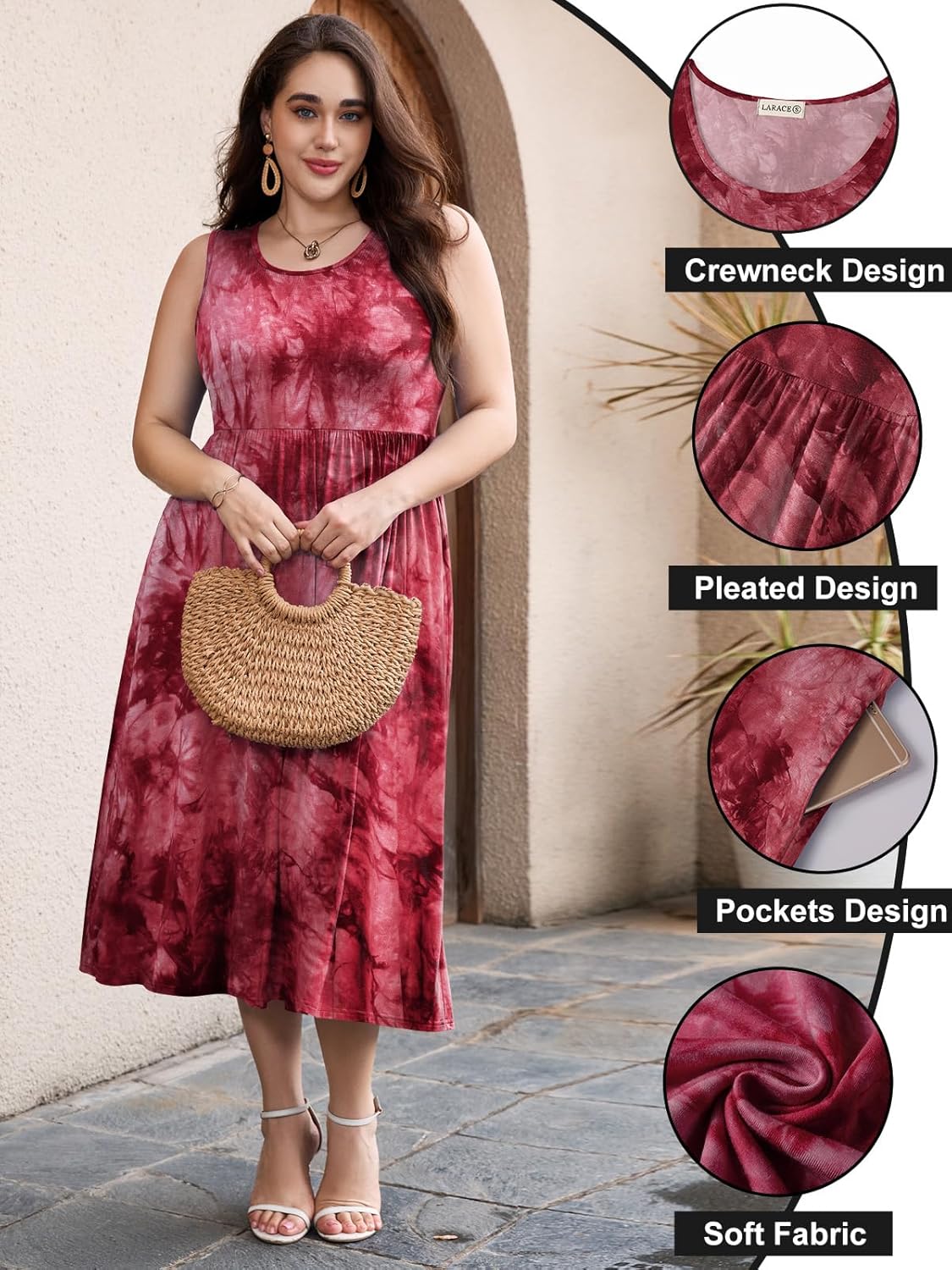 LARACE Women's Plus Size Sleeveless Maxi Dress Casual Crew Neck Pleated Flowy Long Dresses with Pockets L-6XL - Image 4