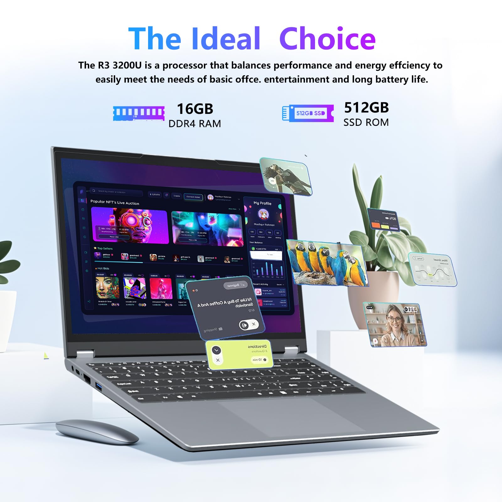 PC Portatile 2 in 1 da 15,6", Computer Portatile 16GB RAM 512GB SSD, Ryzen 3-3200U CPU Notebook Scheda Grafica Radeon, Laptop Touchscreen con Rotazione 360°,Webcam, Wi-Fi5, BT5.1, RJ45, HDMI, Type-C