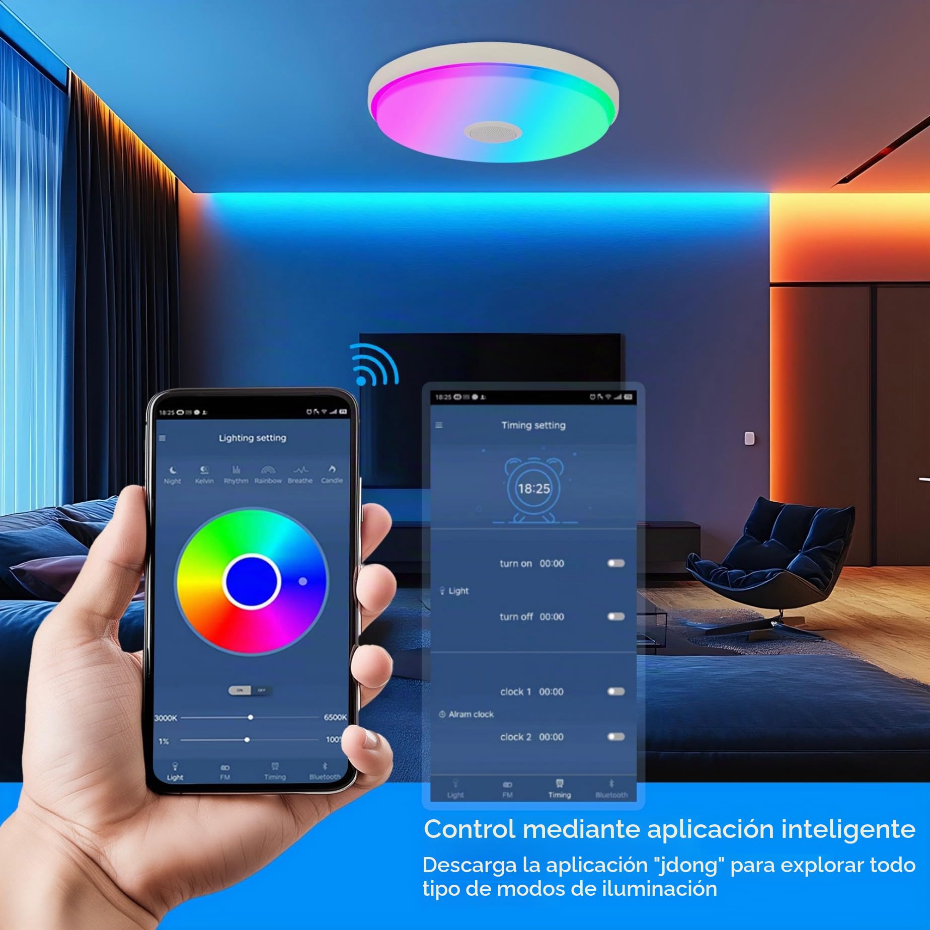 JDONG Lámpara LED de Techo Regulable con Altavoz Bluetooth, Mando a Distancia, 36W RGB Cambio de Color para Baño, Domitorios Juveniles, Salón, Lámpara de Techo Impermeable