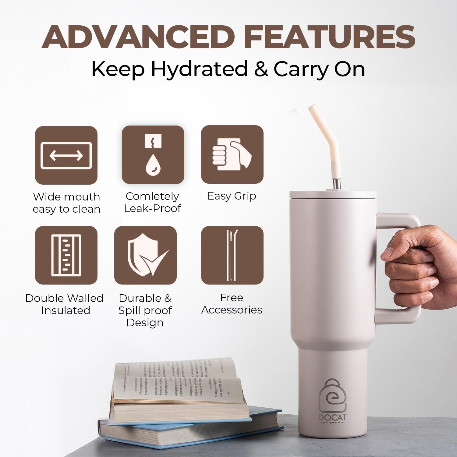 DOCAT 1200ML Stainless Steel Tumbler with Lid and Straw, Hot and Cold Double Insulated Sipper Mug, 100% Leak Proof Coffee Tumbler Cupholder for Office, Gym, Travelling (Oatmeal) 4