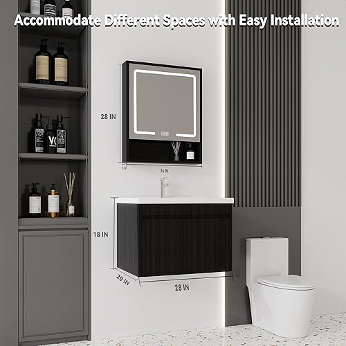 Miniatura 183 de Tocador de baño de 20 pulgadas con lavabo de cerámica, tocador de baño pequeño montado en la pared con puerta de cierre suave, gabinete flotante