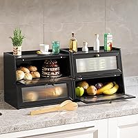 Vista 2 de Panera de bambú grande de doble capa para encimera de cocina, contenedor de almacenamiento de pan de gran capacidad de madera con soporte para pan