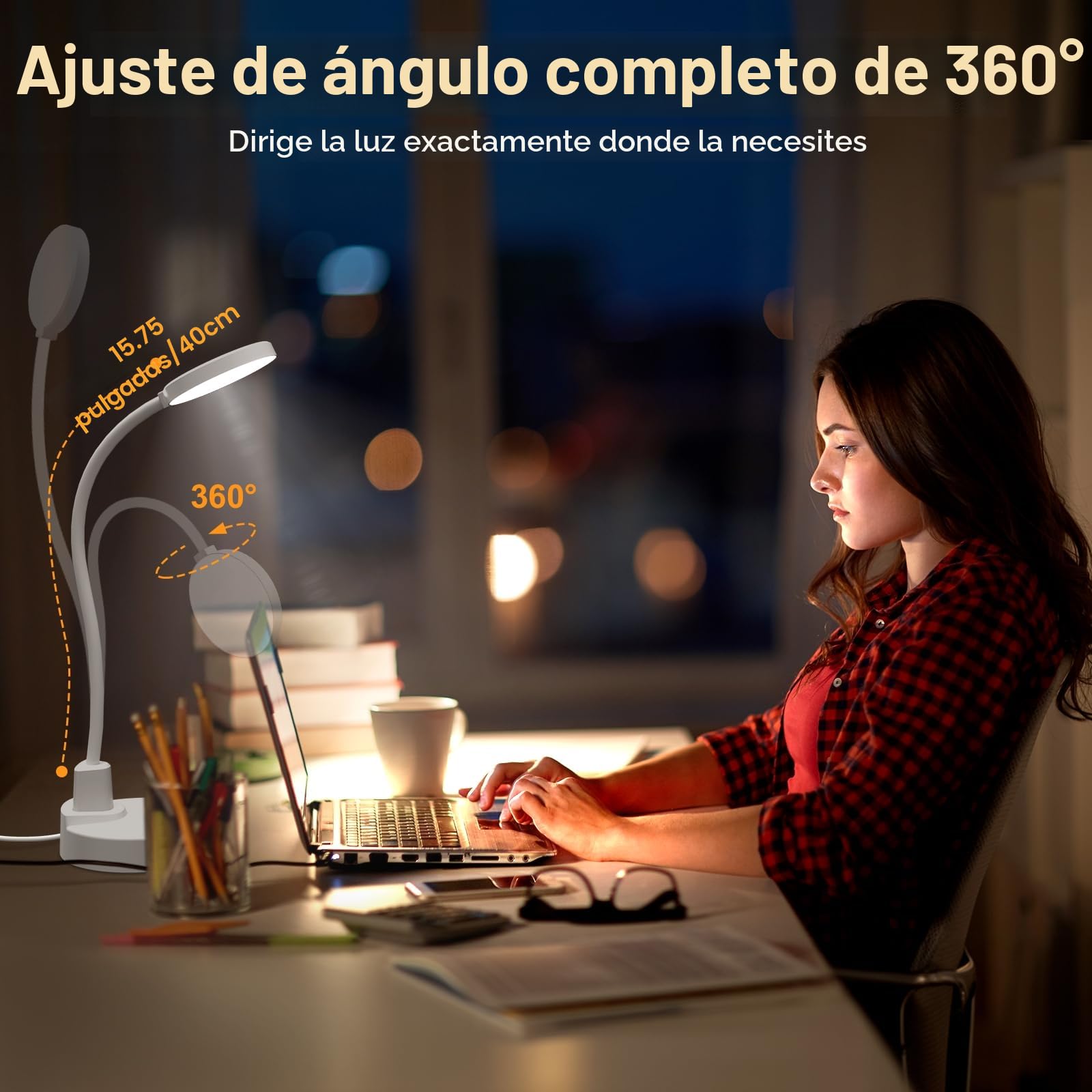 Lámpara de escritorio LED de 15W con USB-A y USB-C – Regulable, 3 temperaturas de color, 5 niveles de brillo, 4 temporizadores, cuello de cisne flexible de 360°, protección de los ojos