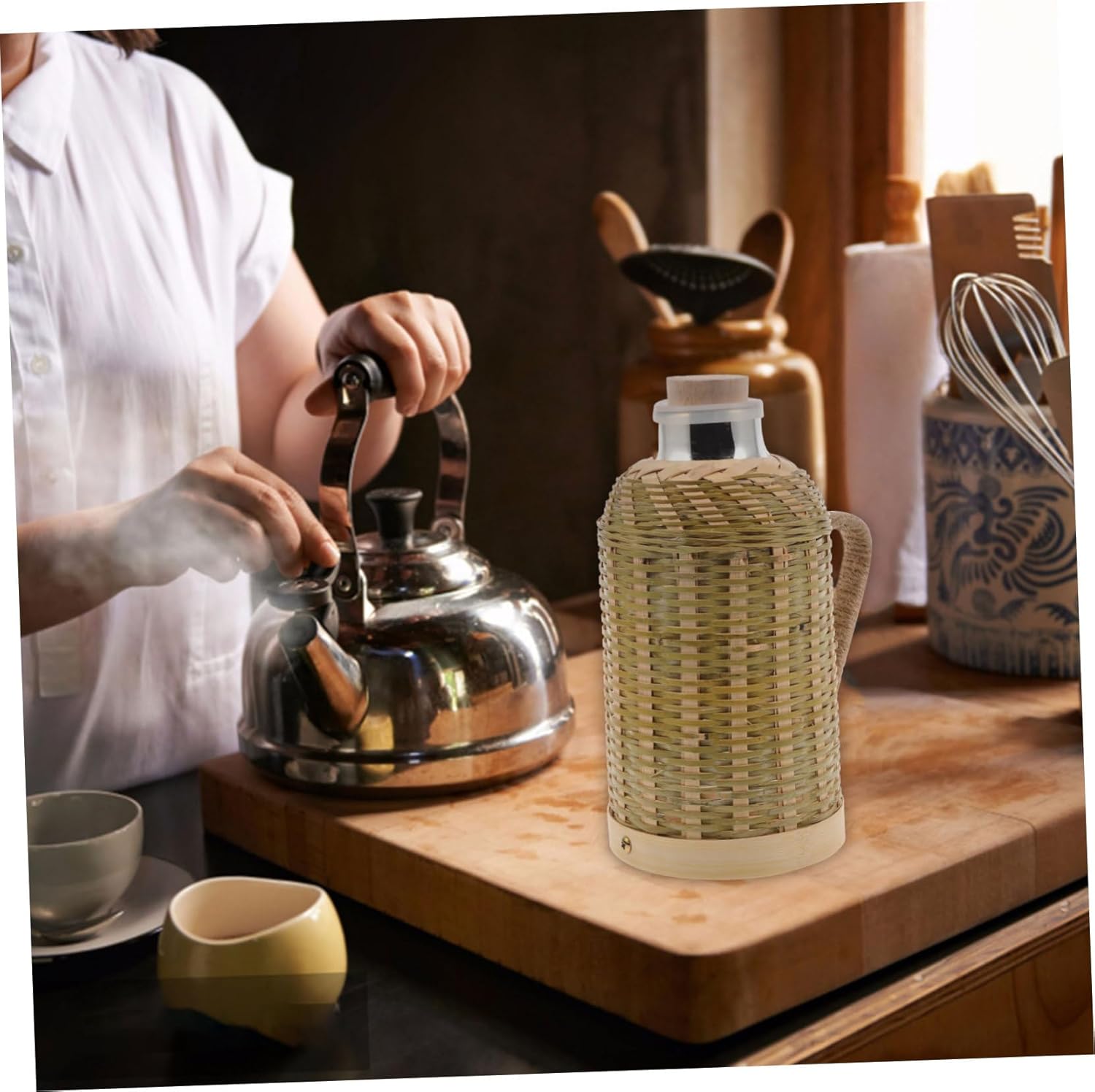 Retro Insulated Thermal Kettle with Glass Inner Liner and Stopper Elegant Warm Keeping Water Bottle for Home Use Woven Design Strong Heat Retention