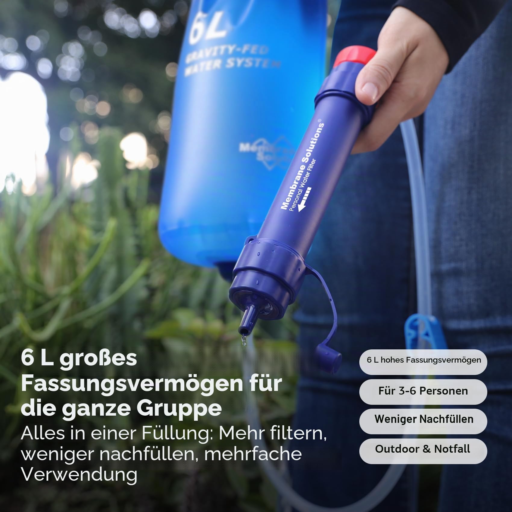 Membrane Solutions Gravity Wasserfilter Outdoor, 6 L Wasserbeutel Camping, Filtergenauigkeit bis zu 0,1 Mikron, Entfernt 99,9999% E.Coli, BPA-frei, für Notfälle, Wandern, Reisen