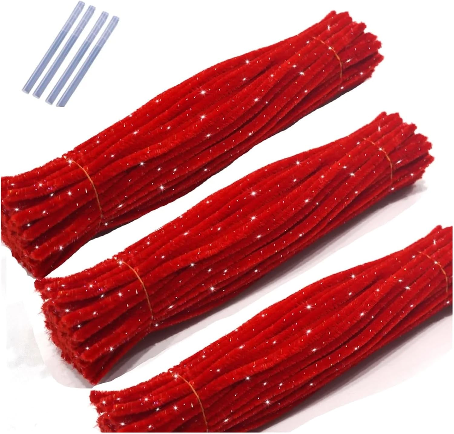 600PCS Pipe Cleaners, Glitter Chenille Stem Cleaner+4Pcs Glue Stick, Creative Craft Decoration(Big red)