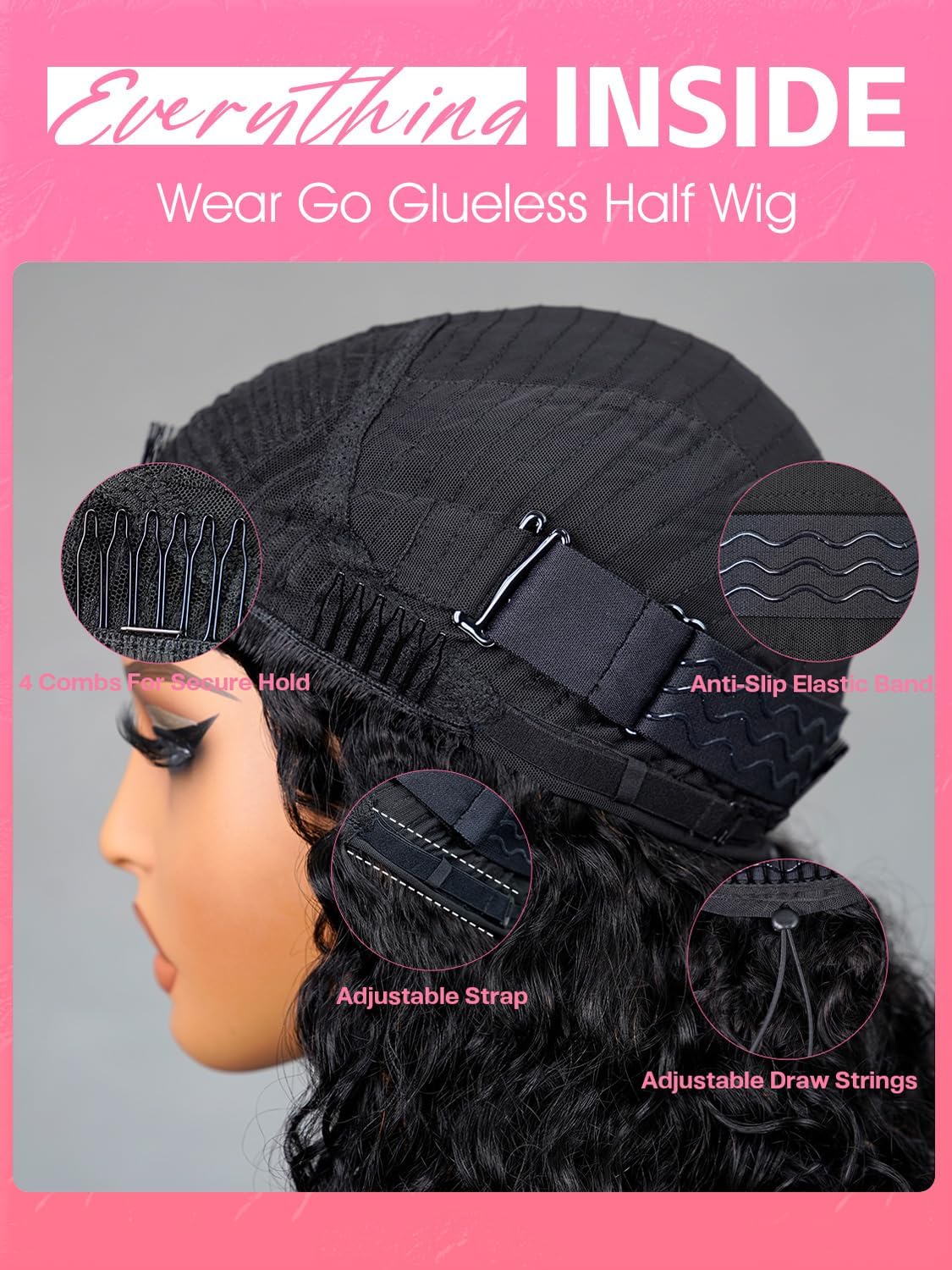 20 InchCurly Half Wig Human Hair 180 Density 3 In 1 Seamless Flip Over Half Wigs Beginner Friendly Glueless Wear and Go Kinky Curly Wig Human Hair Drawstring Headband Wig for Women - Image 4