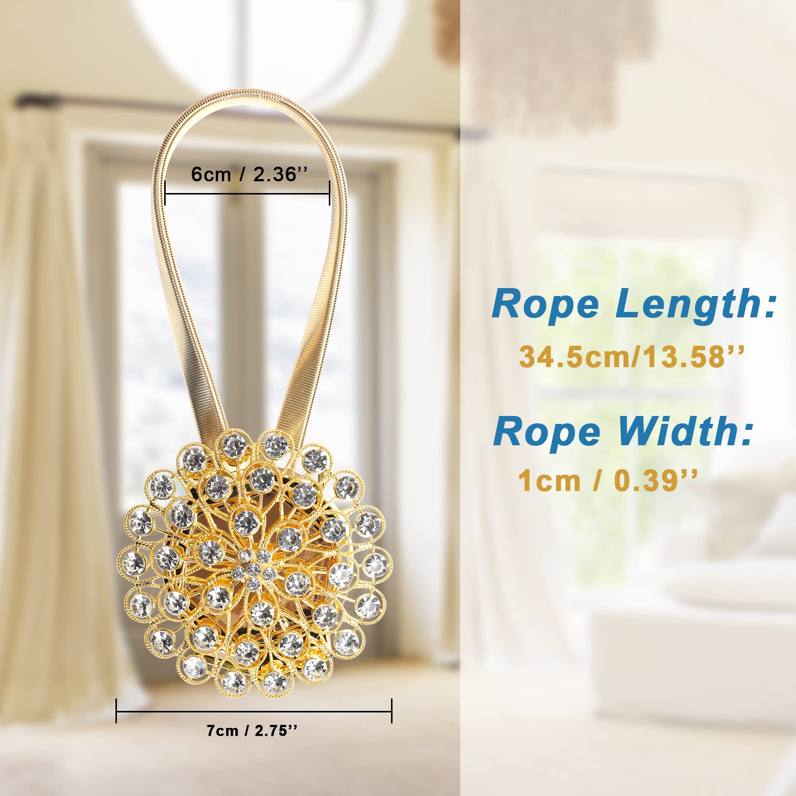 MYDAYTIN Crystal Decor Curtain Tiebacks, 2 Pack Magnetic Tieback, Crystal Flower Curtain Tiebacks with High Stretchy Wire Rope, Flower Curtain Buckle for Home, Office, Decoration (Yellow & White)