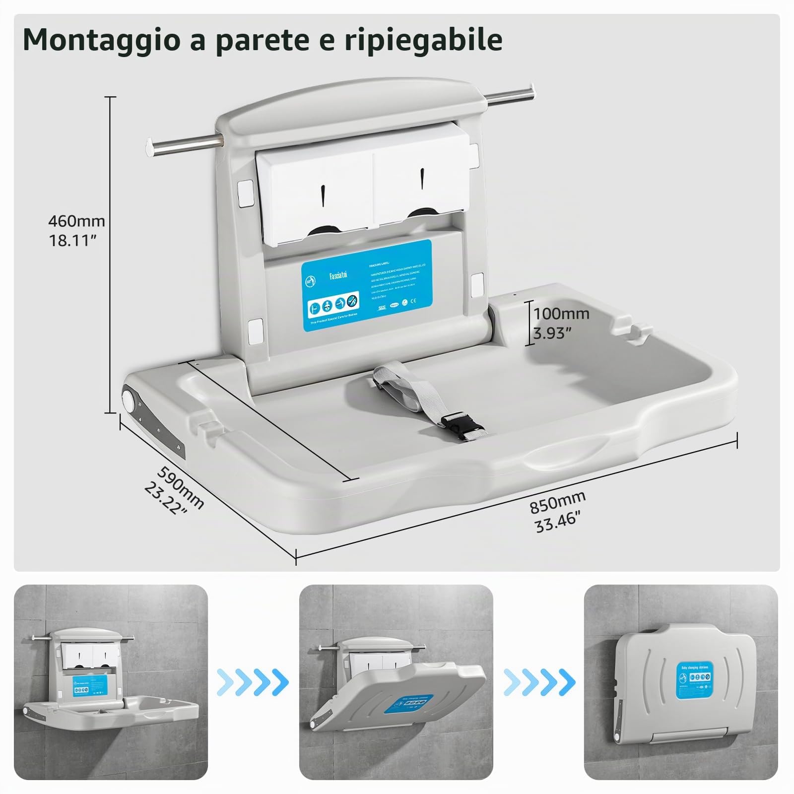 modunful Fasciatoio Bambini da Parete, Pieghevole Fasciatoio Commerciale Orizzontale 85 x 59 cm a Muro, in HDPE per Pannolini con Cinghia di Sicurezza Regolabile, Conforme CPC, Bianco Grigio